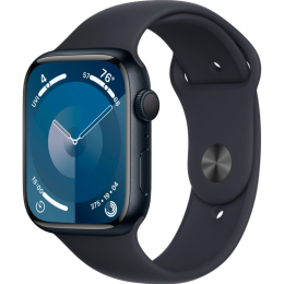 Apple Watch Series 9 45 мм, корпус из алюминия цвета «тёмная ночь», спортивный ремешок цвета «тёмная ночь», размер S/M